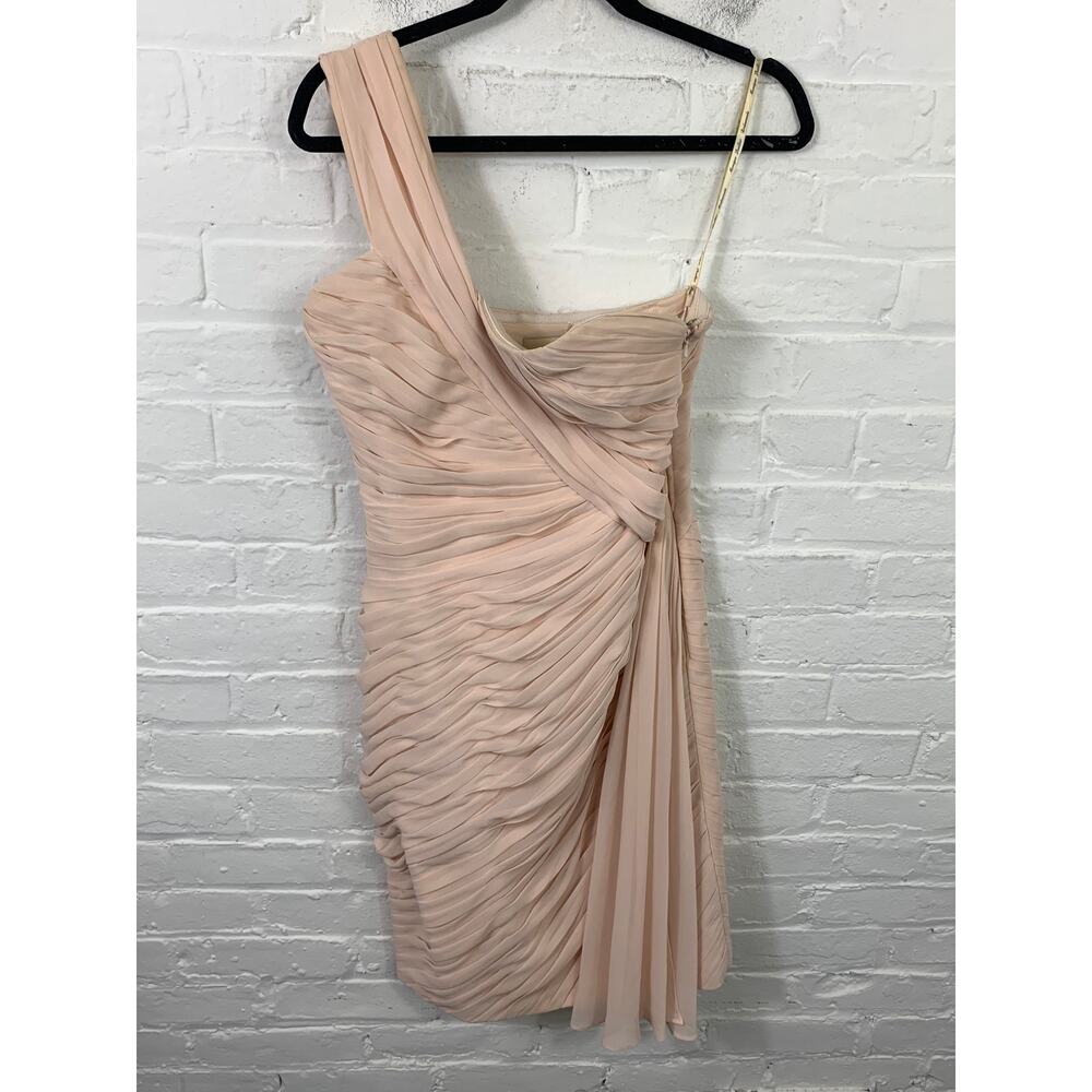 Monique Lhuillier Pleated Ruched Bodycon One Shoulder Dress Pink Blush Size 10